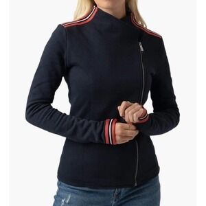 Saint + Sofia Organic Cotton Side Zip Biker Jacket Sweatshirt Navy Blue Sz 10 EU